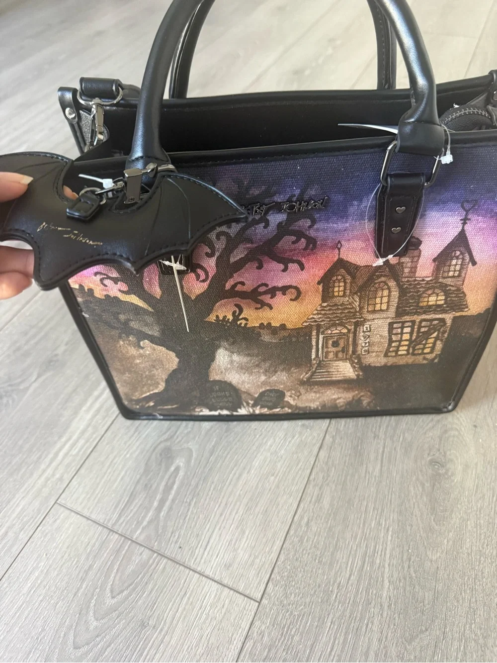 Betsey Johnson Haunted House Satchel in Purple, Pink, Black